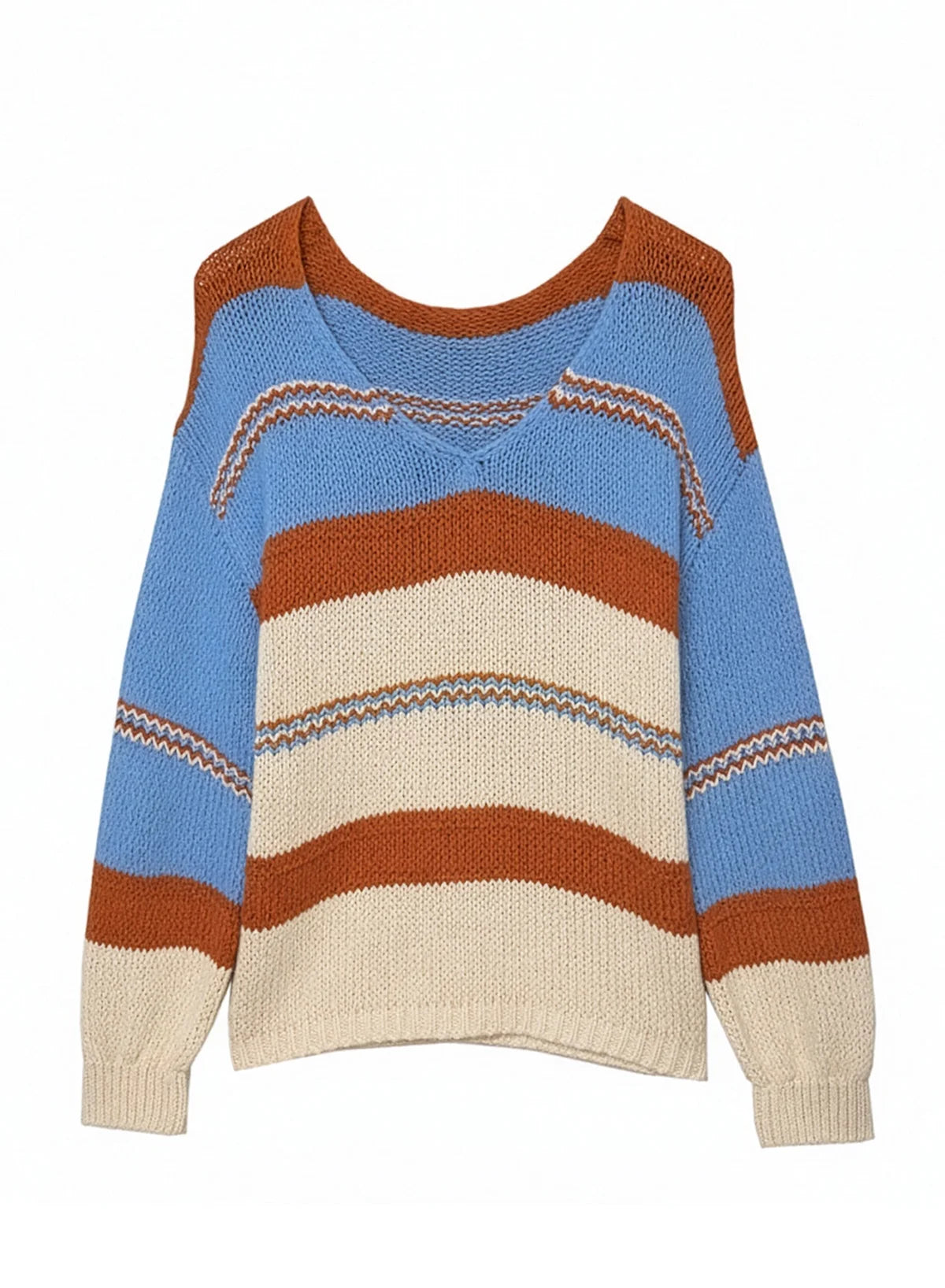 Womens V-Neck Knitted Lantern Sleeve Pullover Sweater Fashion Color Block Cable Knit Jumper Tops S 4-6