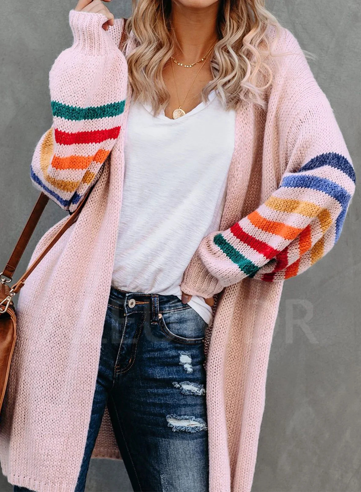 Womens Open Front Cardigan plus Size Long Sleeve Stripe Sweaters Coat 16 18