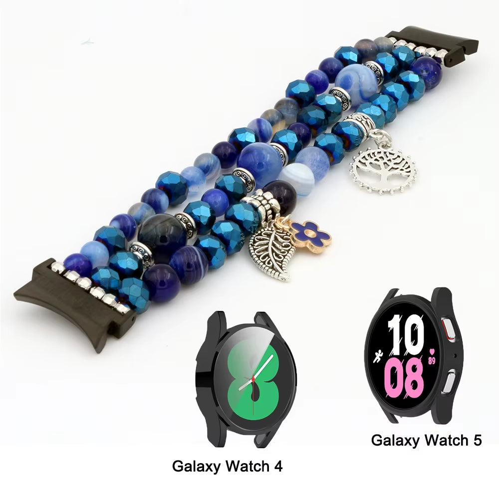 Jewerly Blue Band for Galaxy Watch 7/ 4/ 5/ 5 Pro/ 6 Bracelet Dressy Elastic Beaded Strap Replacement Watch 4 Classic 40Mm 44Mm