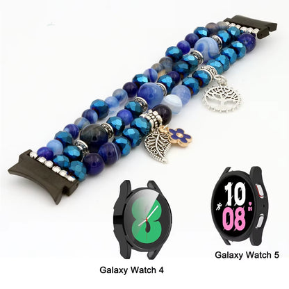 Jewerly Blue Band for Galaxy Watch 7/ 4/ 5/ 5 Pro/ 6 Bracelet Dressy Elastic Beaded Strap Replacement Watch 4 Classic 40Mm 44Mm