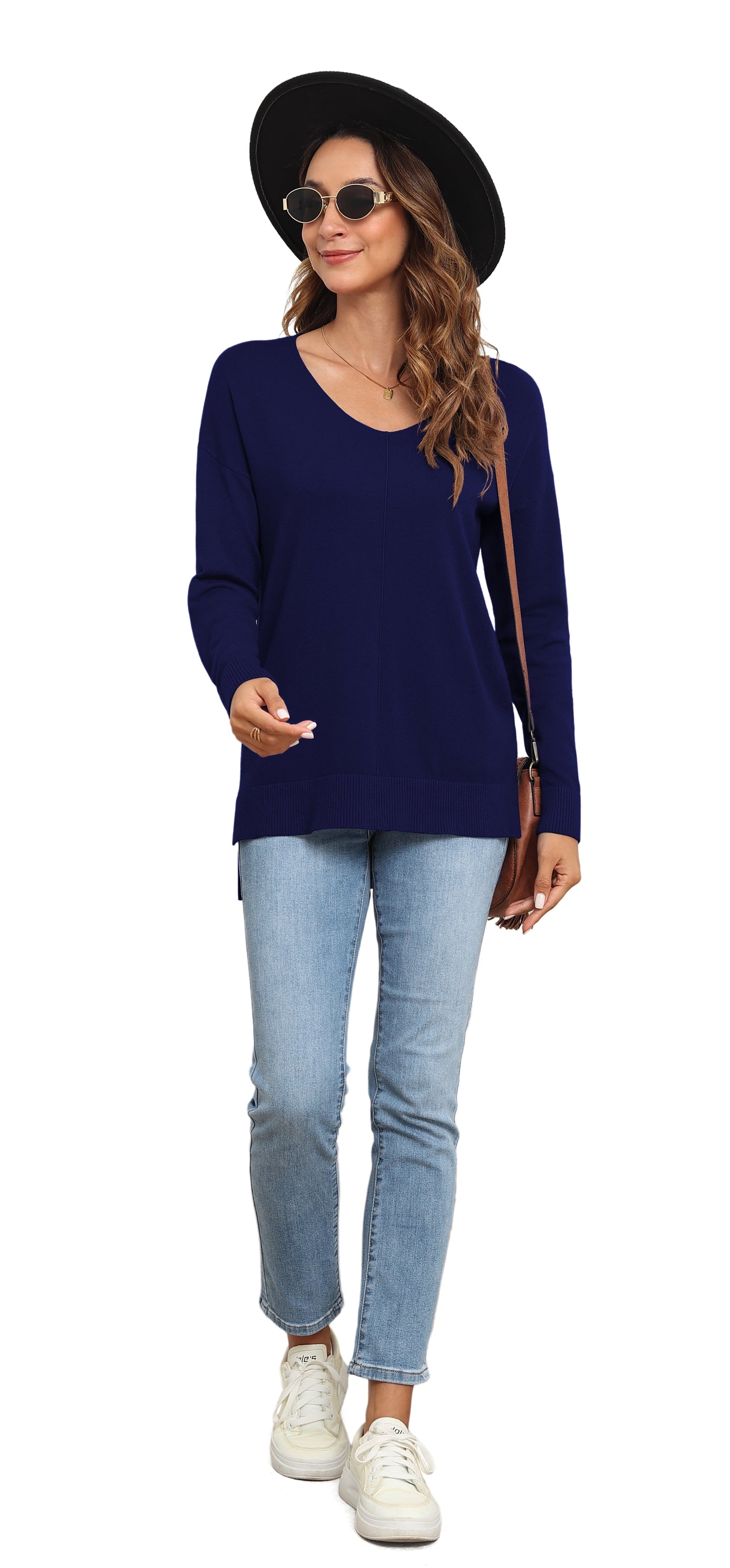V Neck Sweaters for Women Lightweight Knit Pullover Sweater,Us Size S-2XL in Navy Blue