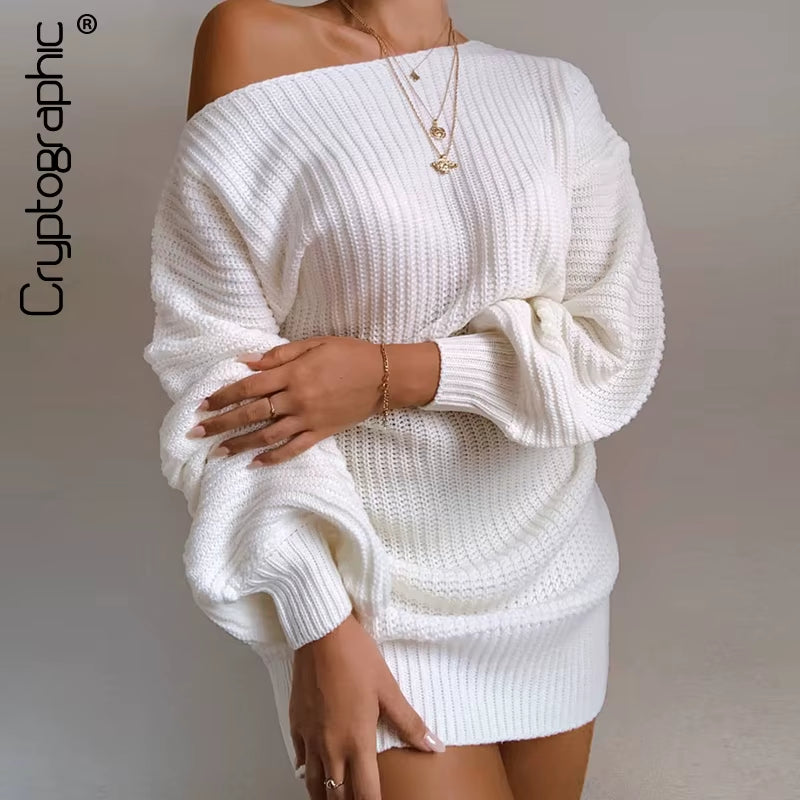 Casual Knitted Mini Dress Women Autumn Winter Sweaters Balloon Long Sleeve Knitwear Women'S Dresses Loose Jersey