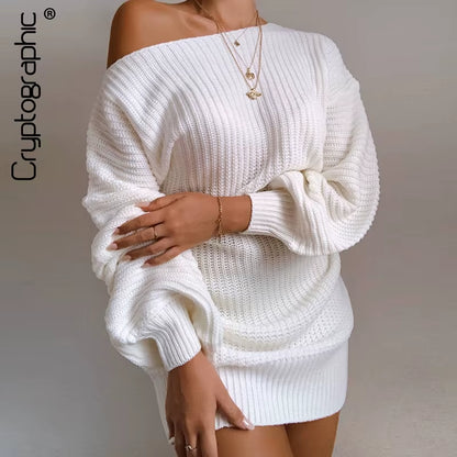 Casual Knitted Mini Dress Women Autumn Winter Sweaters Balloon Long Sleeve Knitwear Women'S Dresses Loose Jersey
