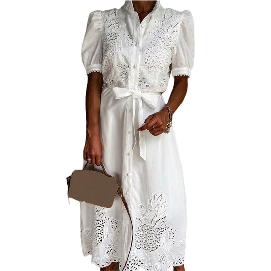 Embroidery Women Chic Lace up Midi Dress Elegant Lapel Short Sleeve Single Breasted Vestidos 2023 Summer Lady Fashion Streetwear
