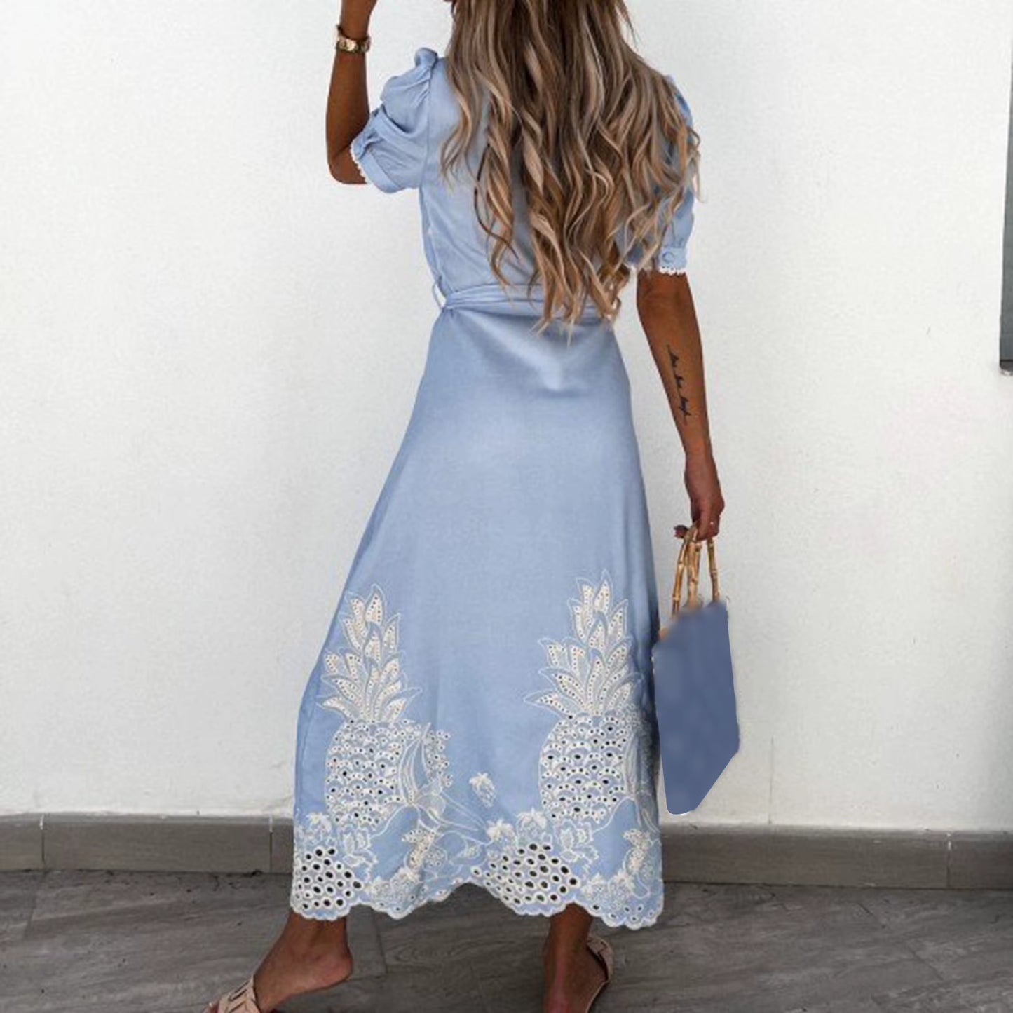Embroidery Women Chic Lace up Midi Dress Elegant Lapel Short Sleeve Single Breasted Vestidos 2023 Summer Lady Fashion Streetwear