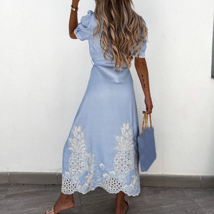 Embroidery Women Chic Lace up Midi Dress Elegant Lapel Short Sleeve Single Breasted Vestidos 2023 Summer Lady Fashion Streetwear