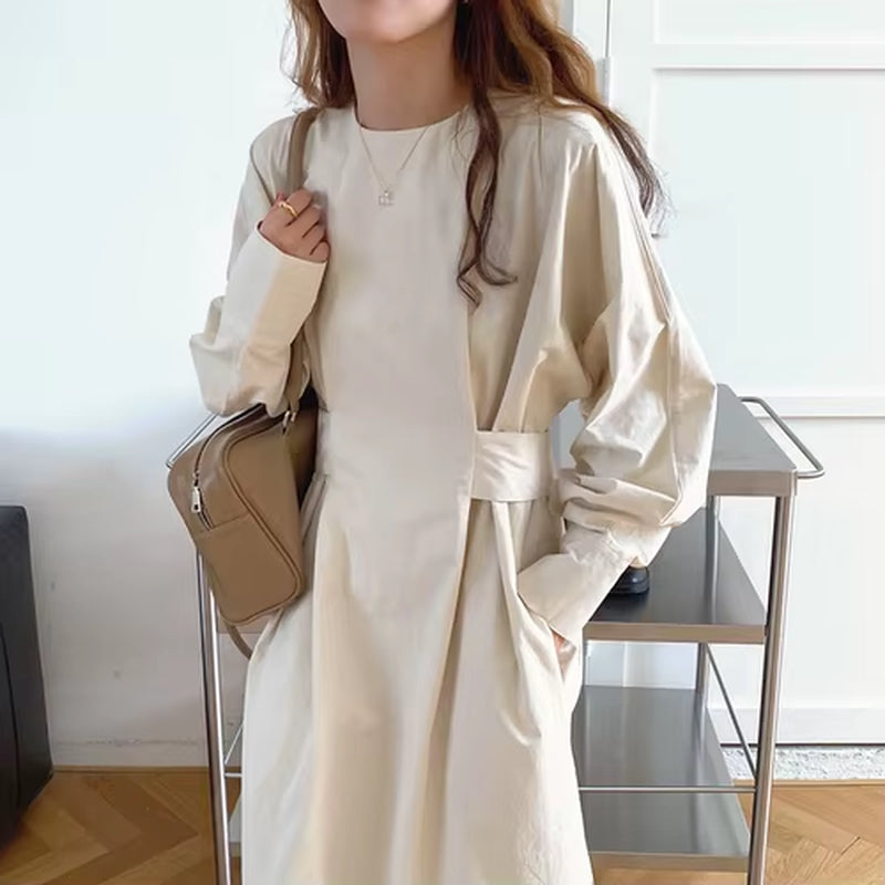 Dresses for Women 2022 Minimalism French O Neck Slim Waist Bandage Loose Casual Midi Dress Elegant Split Pleated Robe