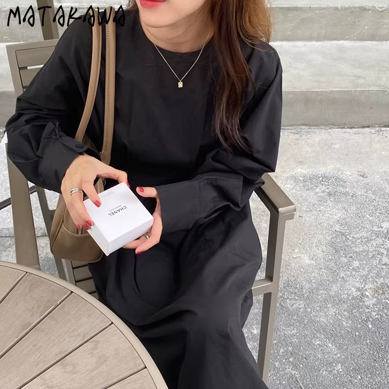 Dresses for Women 2022 Minimalism French O Neck Slim Waist Bandage Loose Casual Midi Dress Elegant Split Pleated Robe