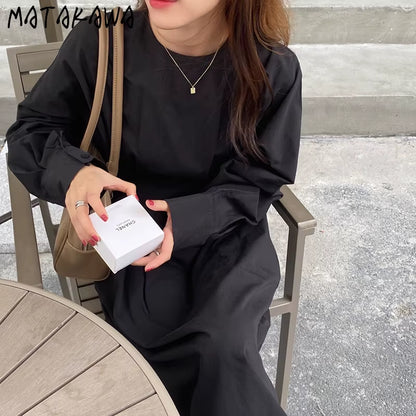 Dresses for Women 2022 Minimalism French O Neck Slim Waist Bandage Loose Casual Midi Dress Elegant Split Pleated Robe