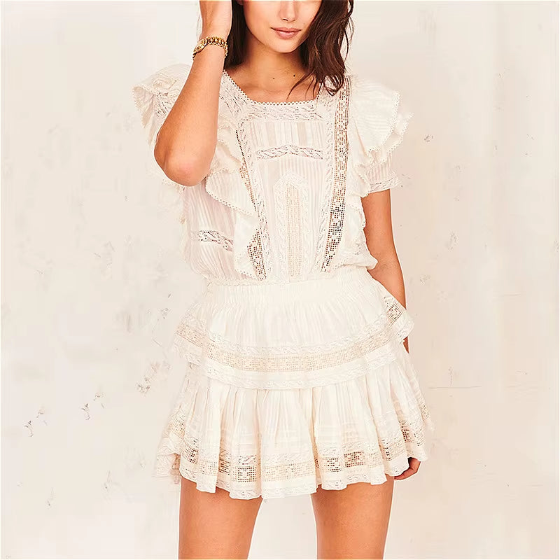 Butterfly Lace Mini Tiered Dress for Womem Vintage White Cotton Floral Embroidery 2021 Summer Dresses Party High Quality