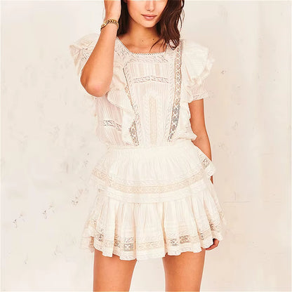 Butterfly Lace Mini Tiered Dress for Womem Vintage White Cotton Floral Embroidery 2021 Summer Dresses Party High Quality