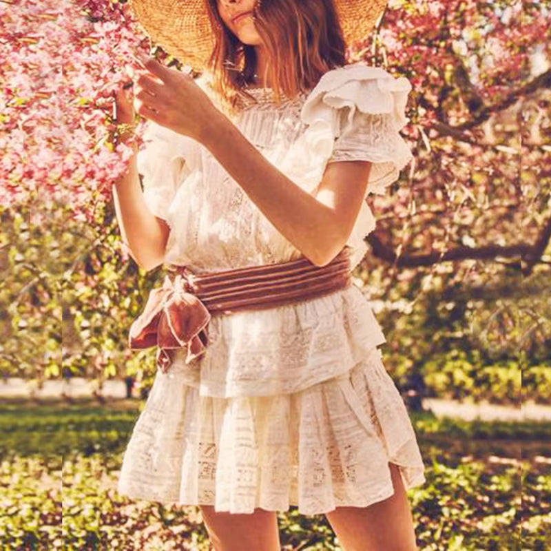 Butterfly Lace Mini Tiered Dress for Womem Vintage White Cotton Floral Embroidery 2021 Summer Dresses Party High Quality