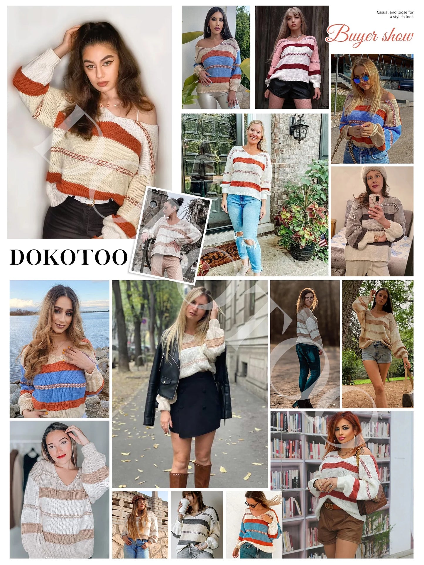 Womens V-Neck Knitted Lantern Sleeve Pullover Sweater Fashion Color Block Cable Knit Jumper Tops S 4-6