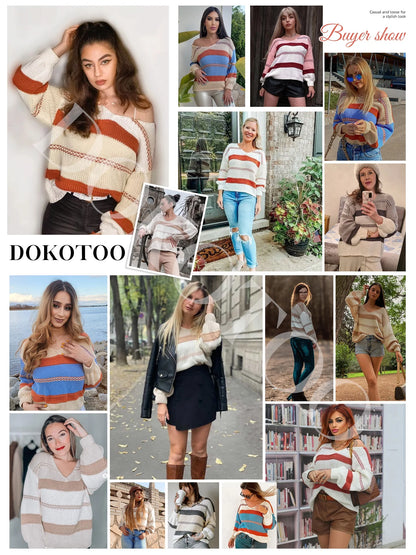 Womens V-Neck Knitted Lantern Sleeve Pullover Sweater Fashion Color Block Cable Knit Jumper Tops S 4-6