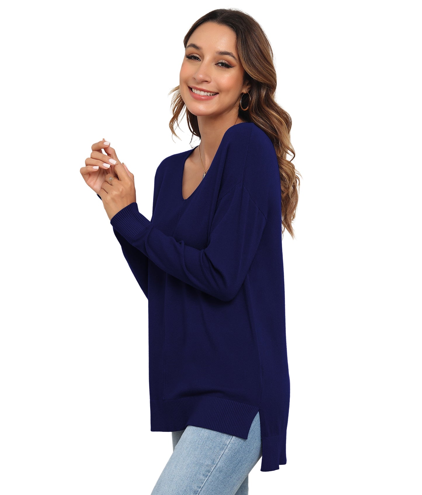 V Neck Sweaters for Women Lightweight Knit Pullover Sweater,Us Size S-2XL in Navy Blue