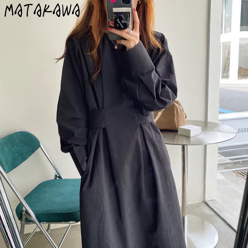 Dresses for Women 2022 Minimalism French O Neck Slim Waist Bandage Loose Casual Midi Dress Elegant Split Pleated Robe