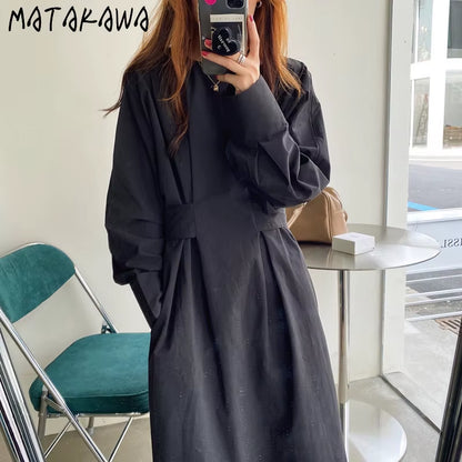 Dresses for Women 2022 Minimalism French O Neck Slim Waist Bandage Loose Casual Midi Dress Elegant Split Pleated Robe