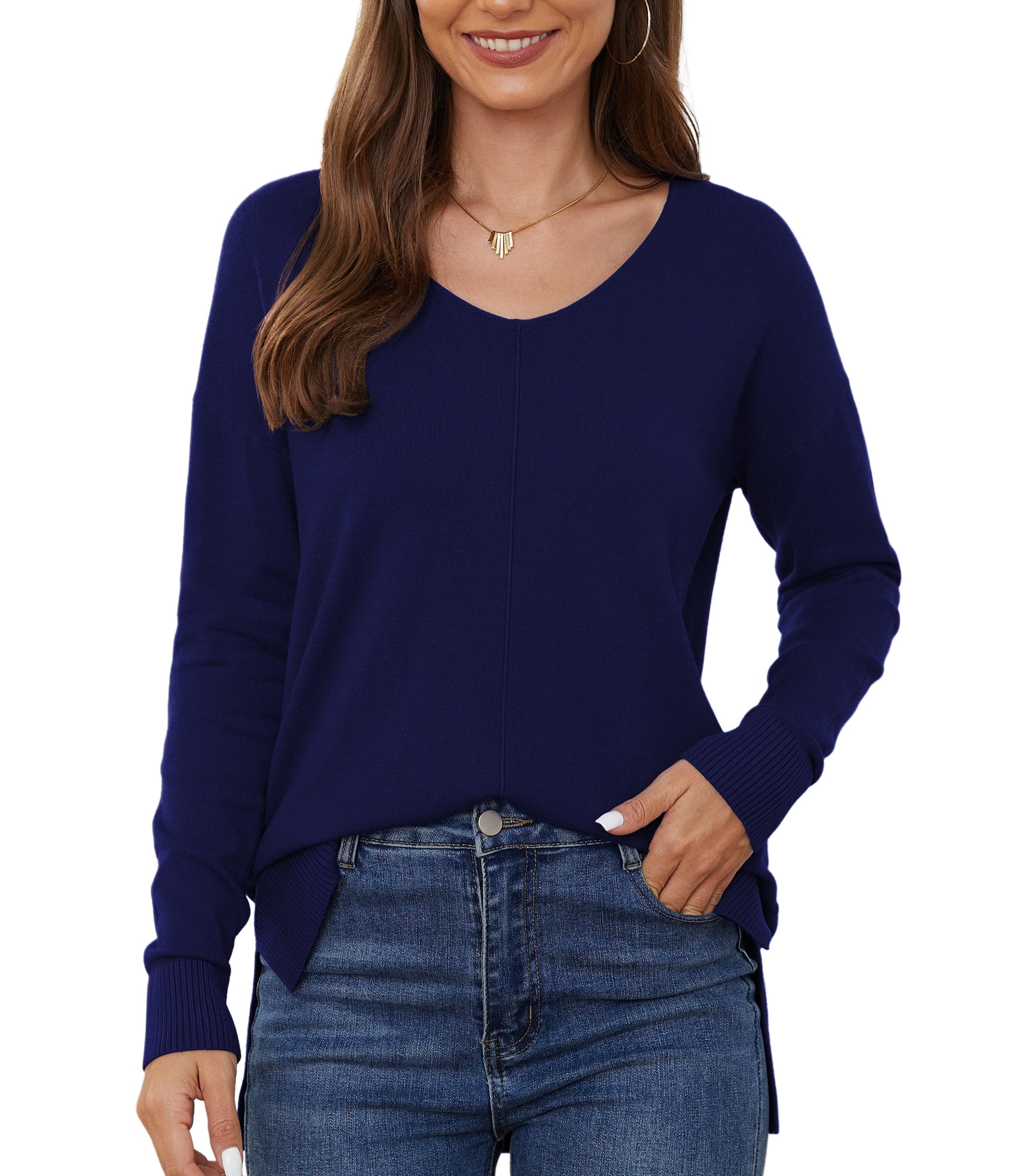 V Neck Sweaters for Women Lightweight Knit Pullover Sweater,Us Size S-2XL in Navy Blue