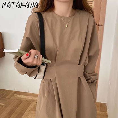 Dresses for Women 2022 Minimalism French O Neck Slim Waist Bandage Loose Casual Midi Dress Elegant Split Pleated Robe