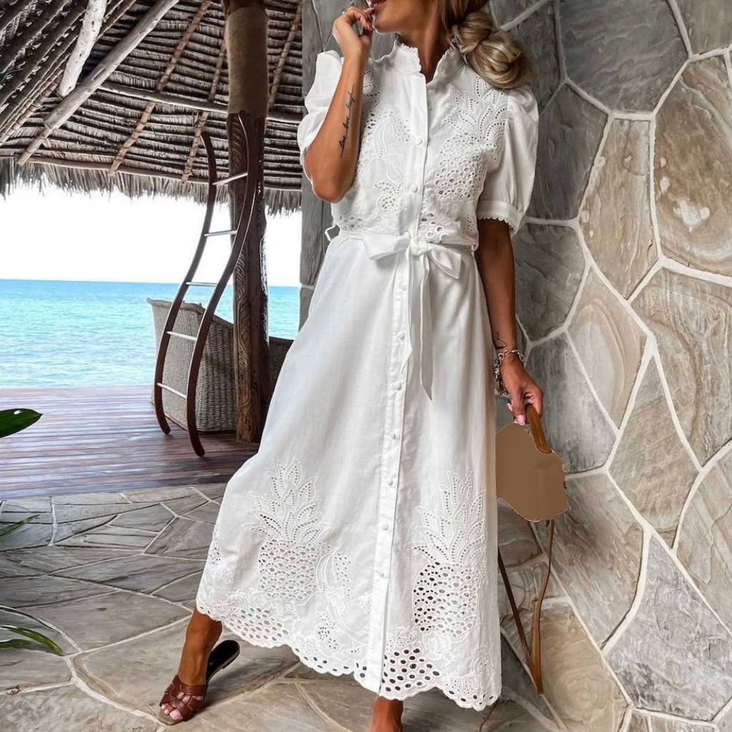 Embroidery Women Chic Lace up Midi Dress Elegant Lapel Short Sleeve Single Breasted Vestidos 2023 Summer Lady Fashion Streetwear