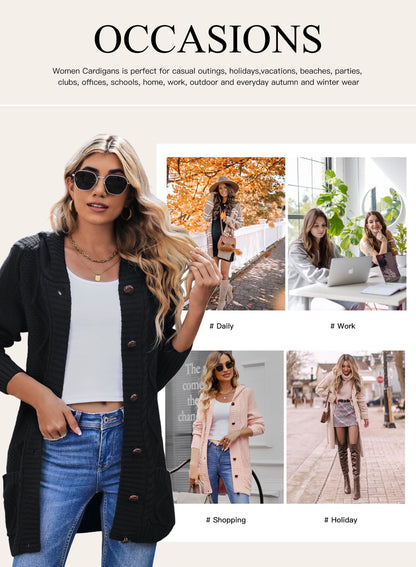 Hooded Cardigan Sweaters for Women Long Sleeve Button down Knit Sweater Coat Outwear with Pockets