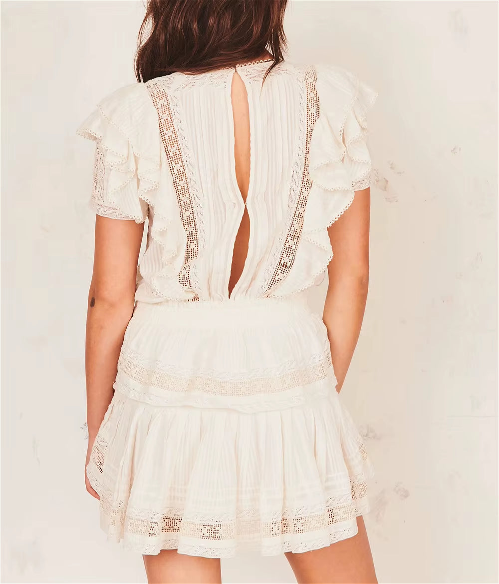 Butterfly Lace Mini Tiered Dress for Womem Vintage White Cotton Floral Embroidery 2021 Summer Dresses Party High Quality