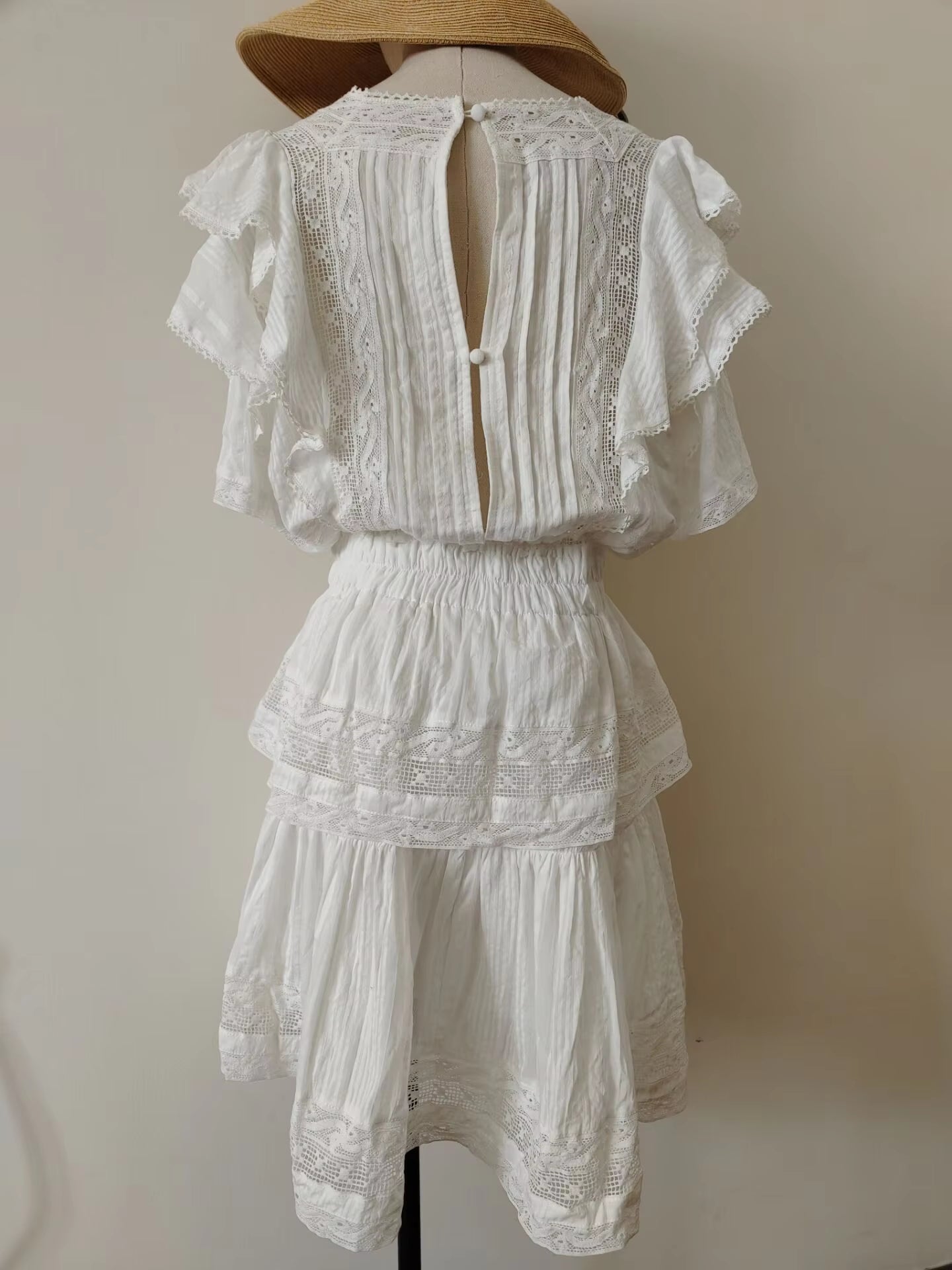 Butterfly Lace Mini Tiered Dress for Womem Vintage White Cotton Floral Embroidery 2021 Summer Dresses Party High Quality