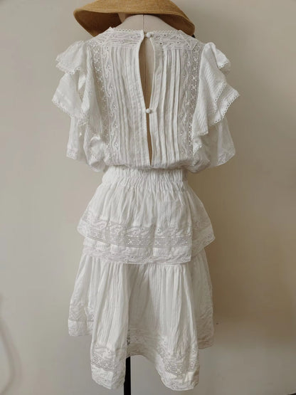 Butterfly Lace Mini Tiered Dress for Womem Vintage White Cotton Floral Embroidery 2021 Summer Dresses Party High Quality