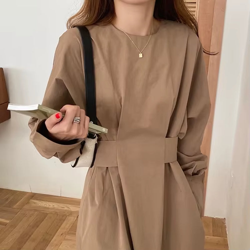 Dresses for Women 2022 Minimalism French O Neck Slim Waist Bandage Loose Casual Midi Dress Elegant Split Pleated Robe