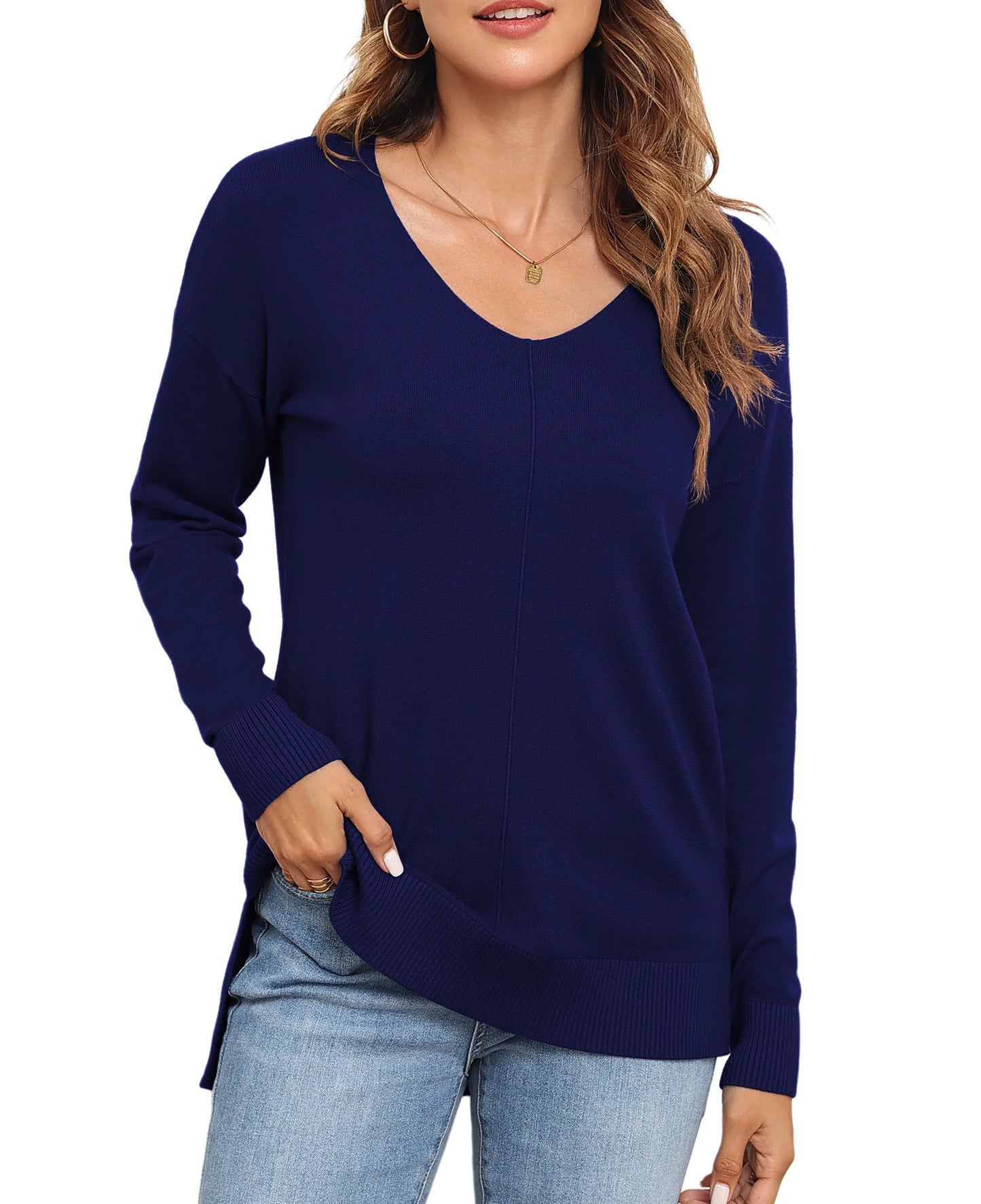 V Neck Sweaters for Women Lightweight Knit Pullover Sweater,Us Size S-2XL in Navy Blue
