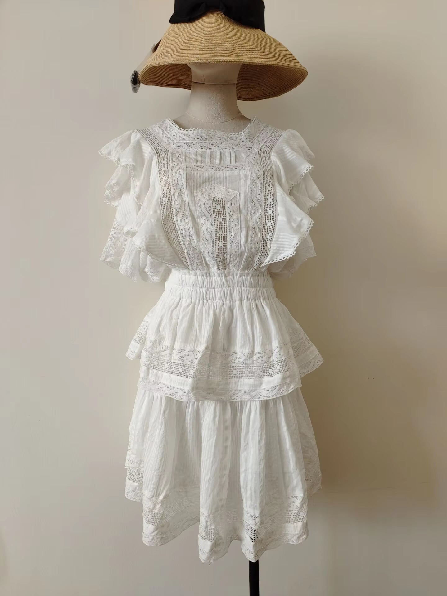 Butterfly Lace Mini Tiered Dress for Womem Vintage White Cotton Floral Embroidery 2021 Summer Dresses Party High Quality