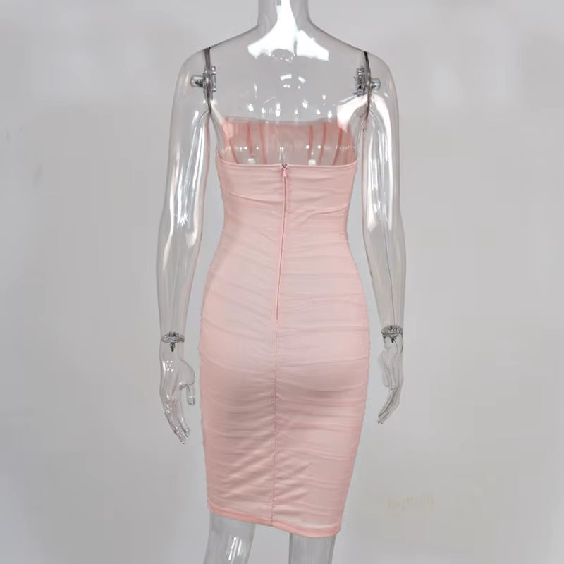 Elegant Corset Bustier Bone Ruched Mesh Midi Dresses Party Night Club Sexy Backless Strapless Summer Dress Bodycon