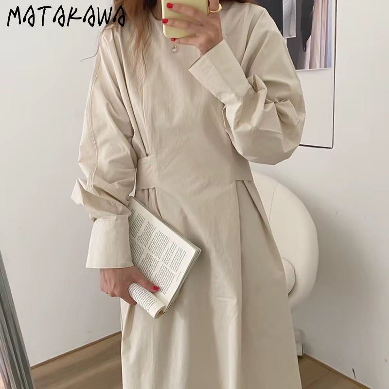 Dresses for Women 2022 Minimalism French O Neck Slim Waist Bandage Loose Casual Midi Dress Elegant Split Pleated Robe