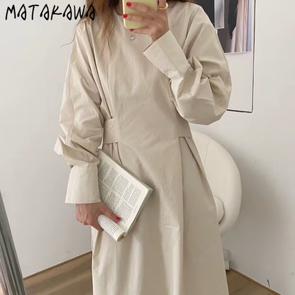 Dresses for Women 2022 Minimalism French O Neck Slim Waist Bandage Loose Casual Midi Dress Elegant Split Pleated Robe