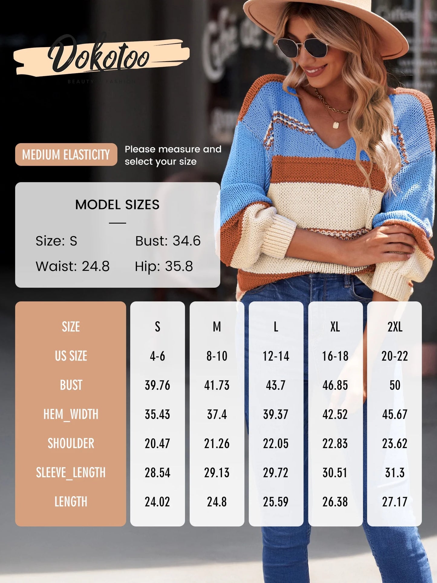 Womens V-Neck Knitted Lantern Sleeve Pullover Sweater Fashion Color Block Cable Knit Jumper Tops S 4-6