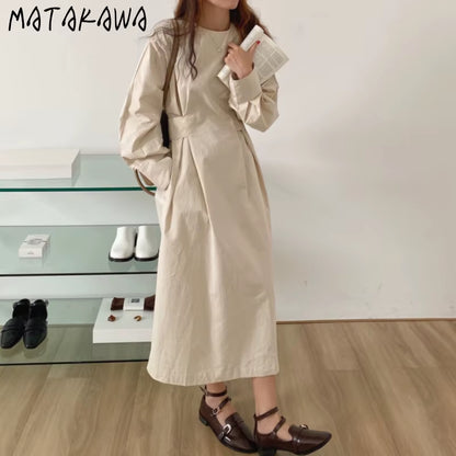 Dresses for Women 2022 Minimalism French O Neck Slim Waist Bandage Loose Casual Midi Dress Elegant Split Pleated Robe