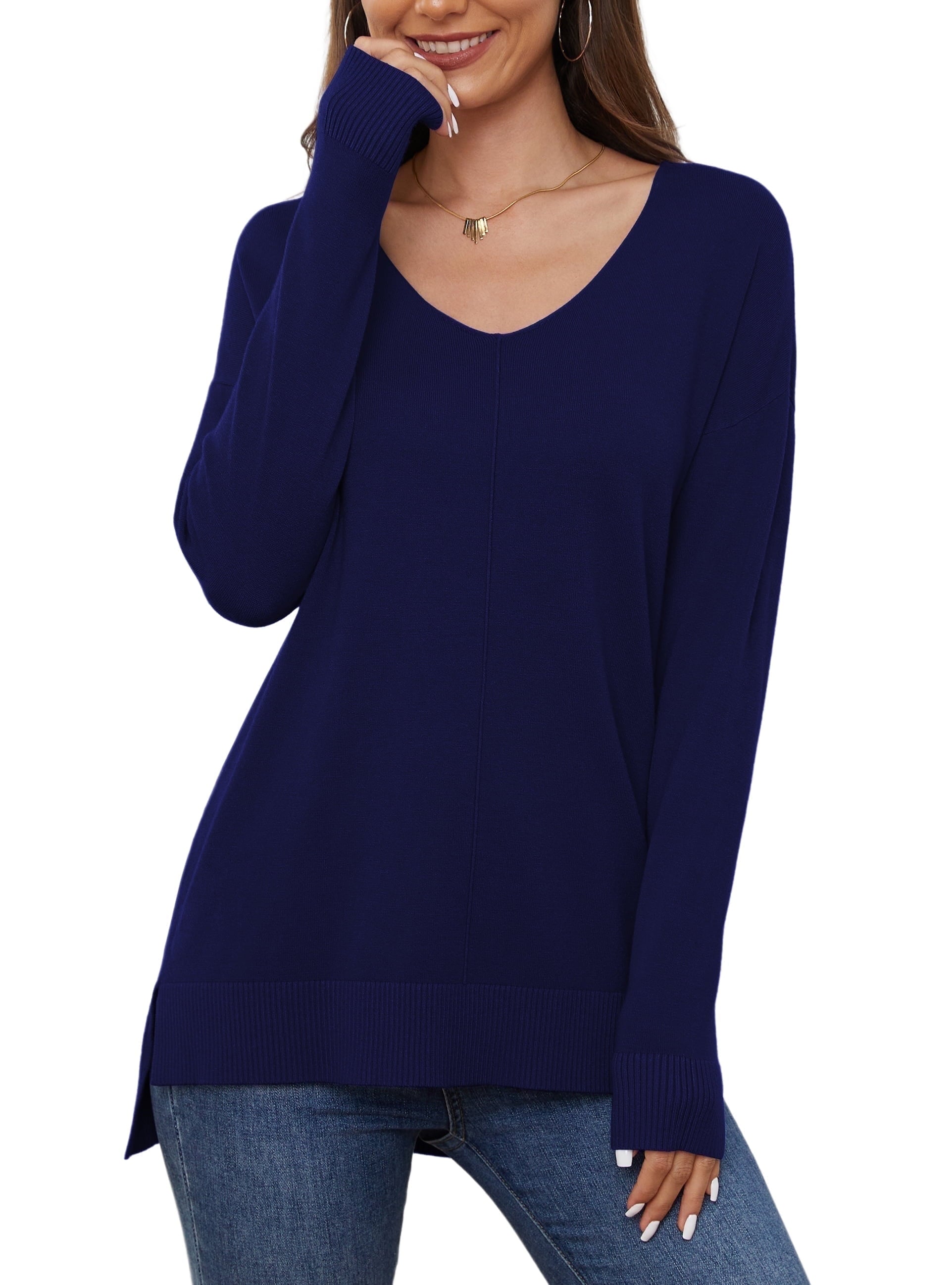 V Neck Sweaters for Women Lightweight Knit Pullover Sweater,Us Size S-2XL in Navy Blue