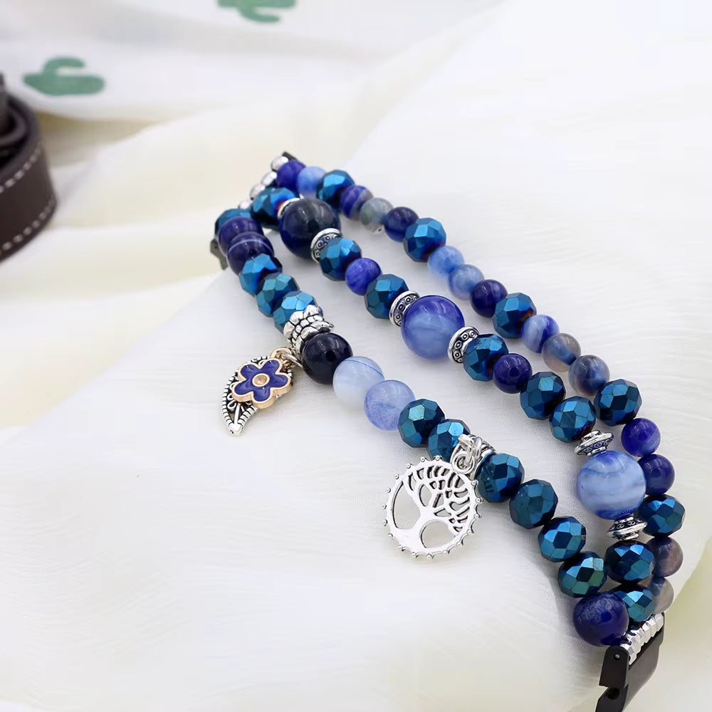 Jewerly Blue Band for Galaxy Watch 7/ 4/ 5/ 5 Pro/ 6 Bracelet Dressy Elastic Beaded Strap Replacement Watch 4 Classic 40Mm 44Mm