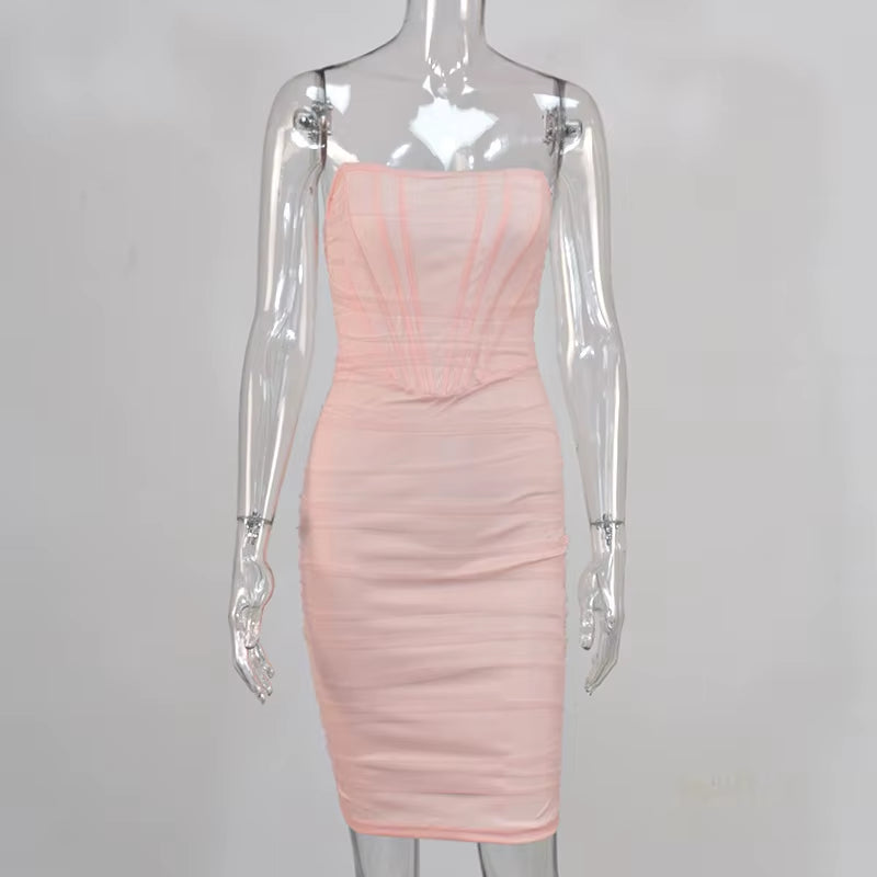 Elegant Corset Bustier Bone Ruched Mesh Midi Dresses Party Night Club Sexy Backless Strapless Summer Dress Bodycon