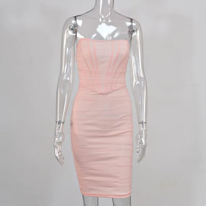 Elegant Corset Bustier Bone Ruched Mesh Midi Dresses Party Night Club Sexy Backless Strapless Summer Dress Bodycon