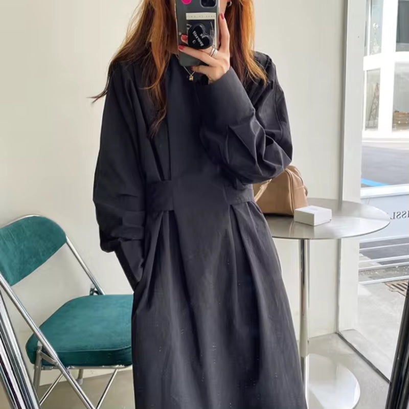 Dresses for Women 2022 Minimalism French O Neck Slim Waist Bandage Loose Casual Midi Dress Elegant Split Pleated Robe