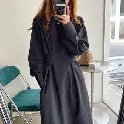 Dresses for Women 2022 Minimalism French O Neck Slim Waist Bandage Loose Casual Midi Dress Elegant Split Pleated Robe