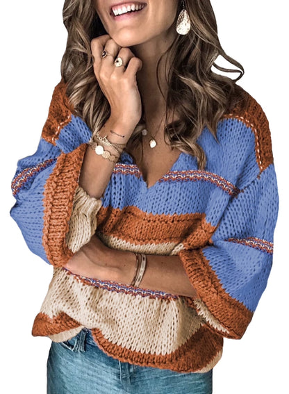 Womens V-Neck Knitted Lantern Sleeve Pullover Sweater Fashion Color Block Cable Knit Jumper Tops S 4-6