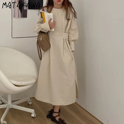 Dresses for Women 2022 Minimalism French O Neck Slim Waist Bandage Loose Casual Midi Dress Elegant Split Pleated Robe