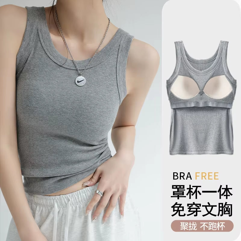 Ribbed Knitted Tops Neck Summer Basic Shirts White Black Casual Sport Vest off Shoulder Women'S Tank Topwith Chest Pad