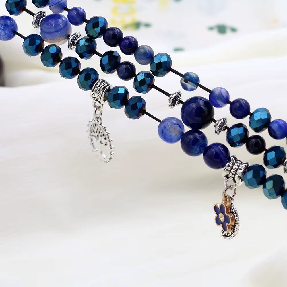 Jewerly Blue Band for Galaxy Watch 7/ 4/ 5/ 5 Pro/ 6 Bracelet Dressy Elastic Beaded Strap Replacement Watch 4 Classic 40Mm 44Mm