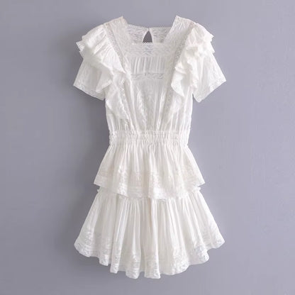 Butterfly Lace Mini Tiered Dress for Womem Vintage White Cotton Floral Embroidery 2021 Summer Dresses Party High Quality