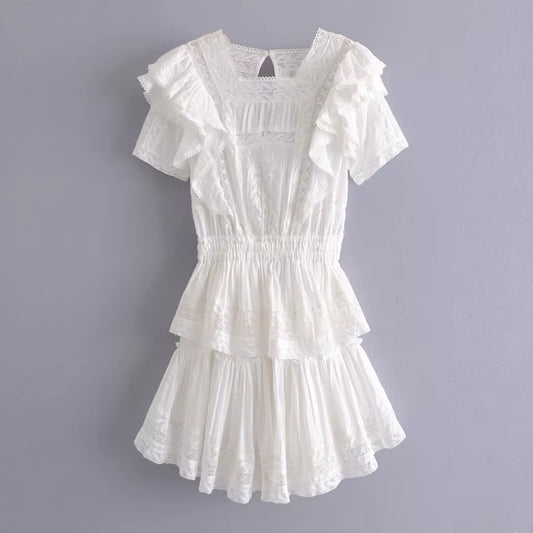 Butterfly Lace Mini Tiered Dress for Womem Vintage White Cotton Floral Embroidery 2021 Summer Dresses Party High Quality