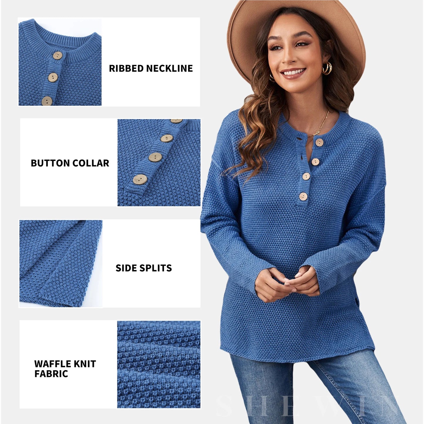 Women Solid Color Sweater Blue Waffle Knit Pullover Side Split Tunic Tops 12 14