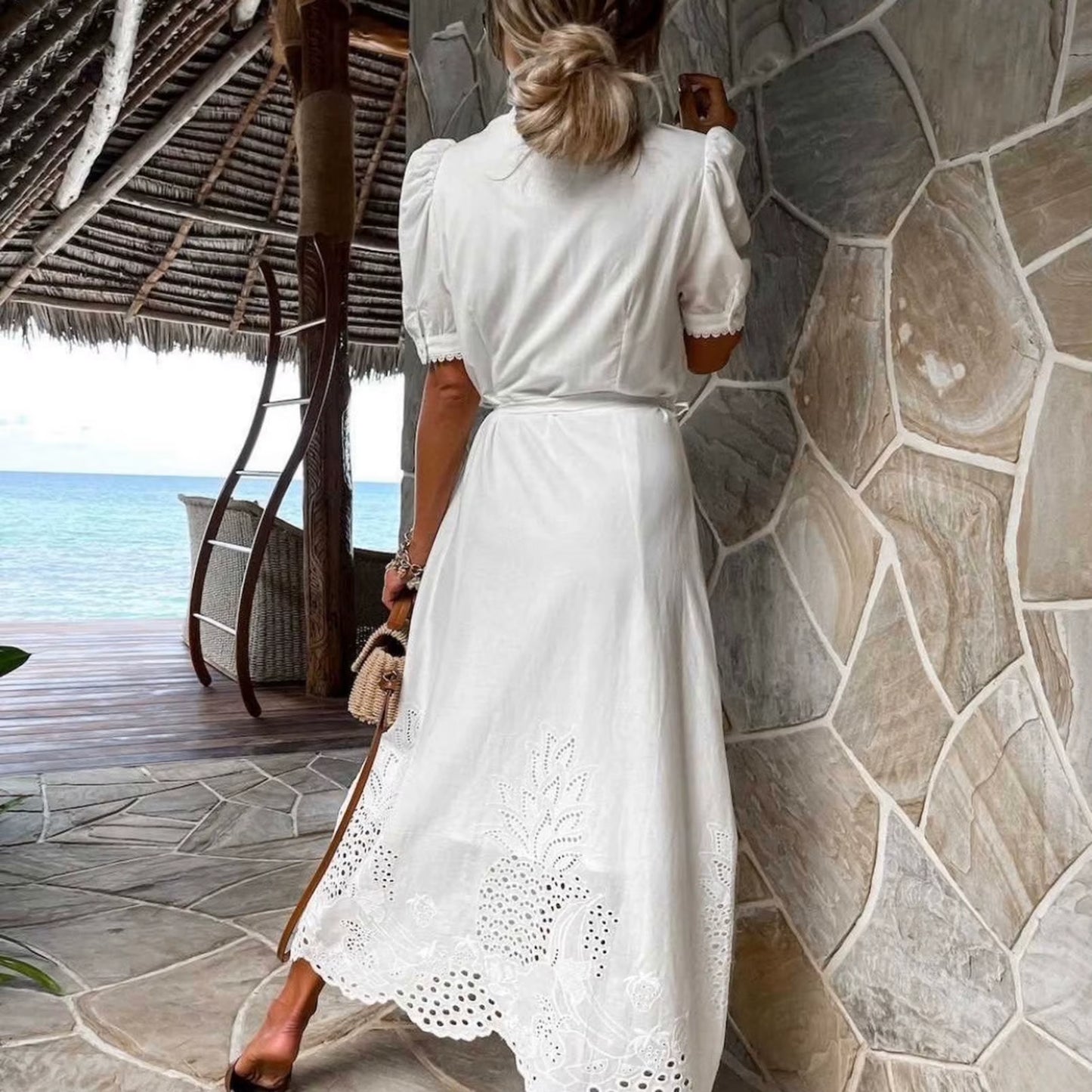 Embroidery Women Chic Lace up Midi Dress Elegant Lapel Short Sleeve Single Breasted Vestidos 2023 Summer Lady Fashion Streetwear
